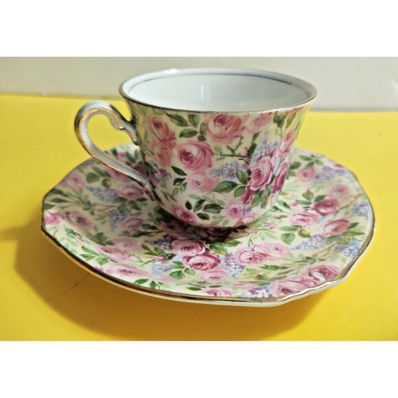 Royal Winton Chintz Style TEA CUP AND SAUCER set "June Roses" 1940's - Picture 4 of 12